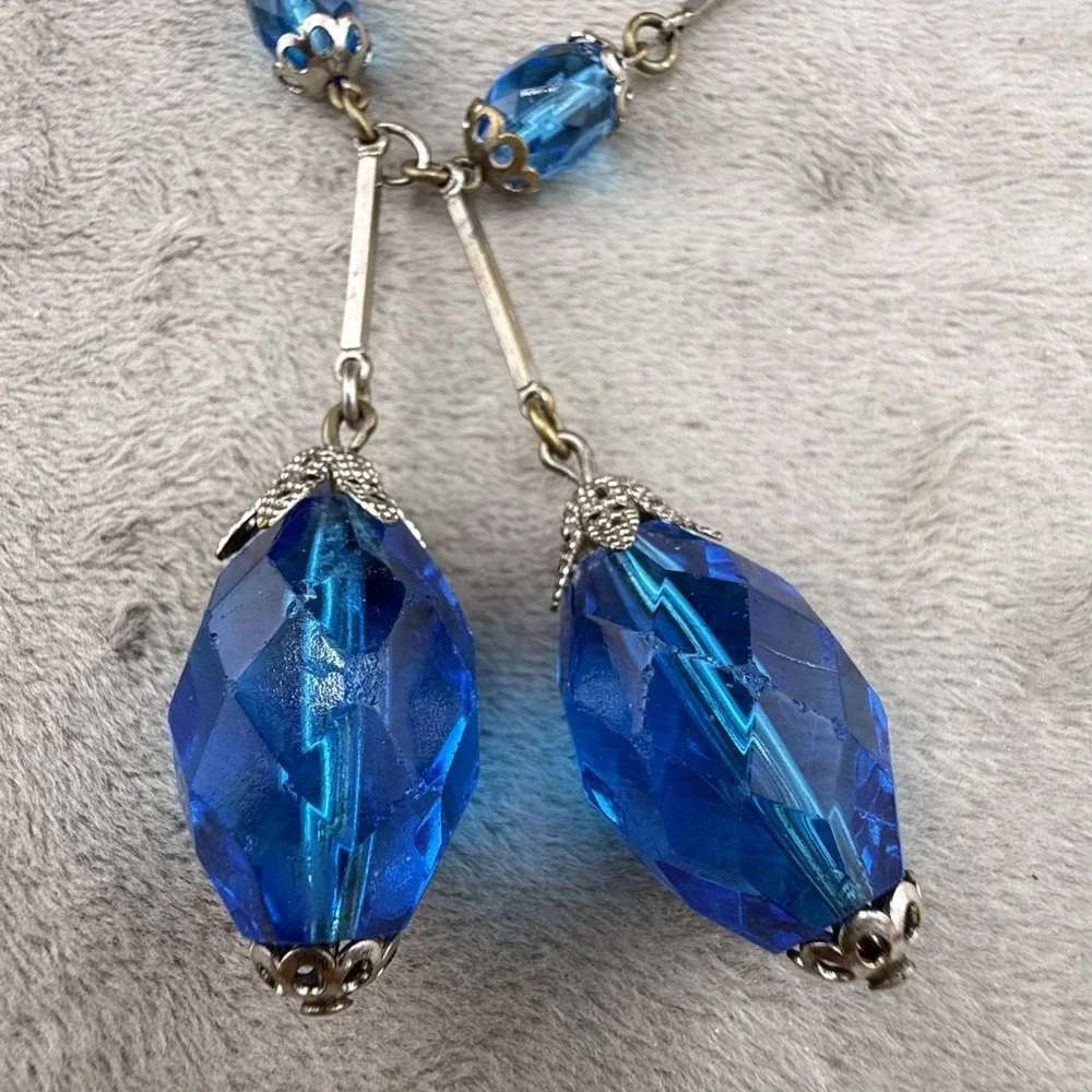 Vintage Statement Necklace Silver‎ Tone Blue Rhinestone 22